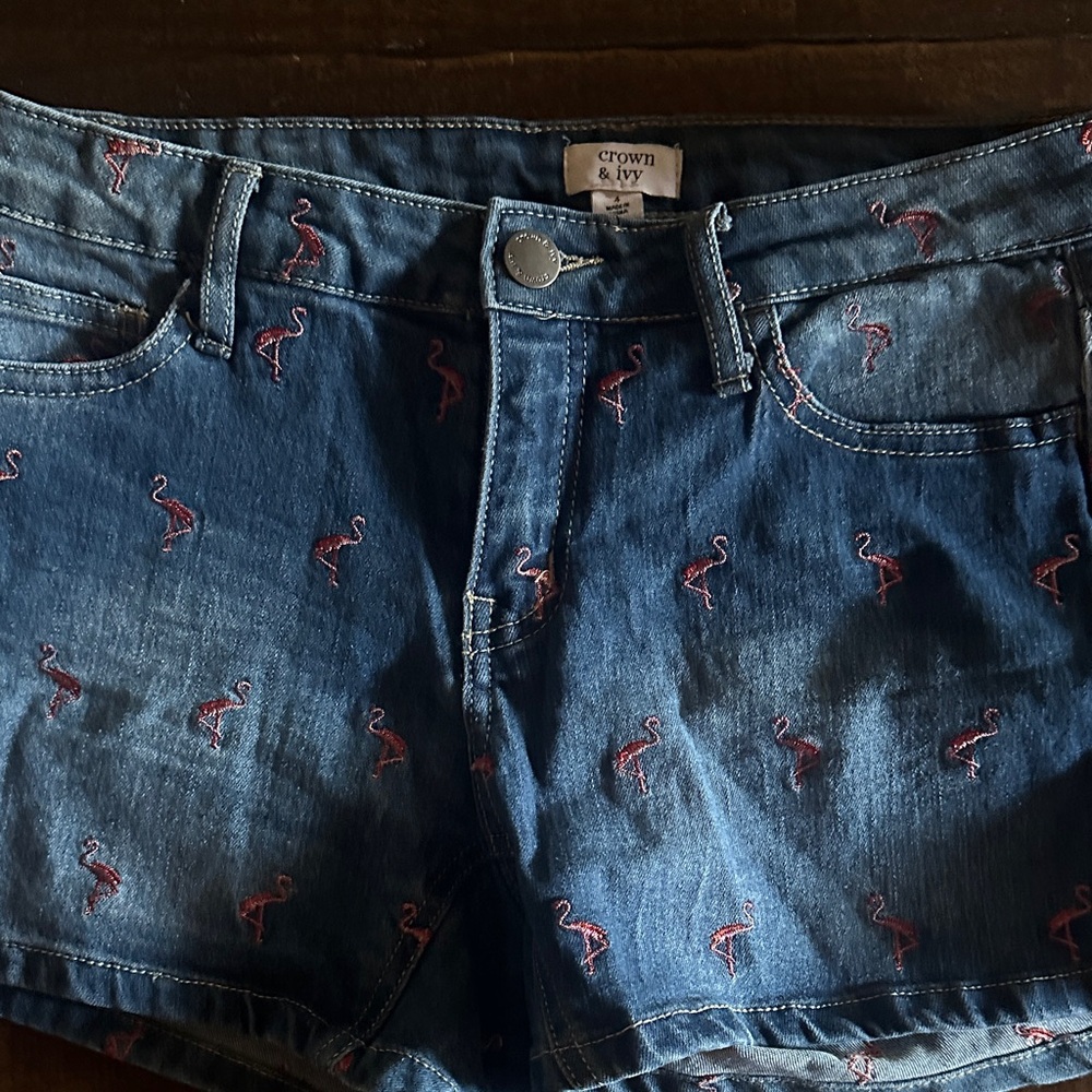 Crown & Ivy Blue Denim Shorts with Pink Flamingo Design